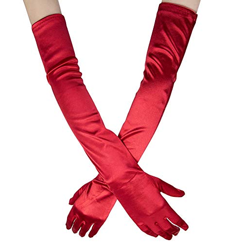 Ksnnrsng Damen Lange Handschuhe Satin Classic Opera Fest Party Hochzeit Braut Handschuhe 1920er Stil Handschuhe Elastisch Erwachsene Größe bis Handgelenk Länge (52 cm-rot) von Ksnnrsng