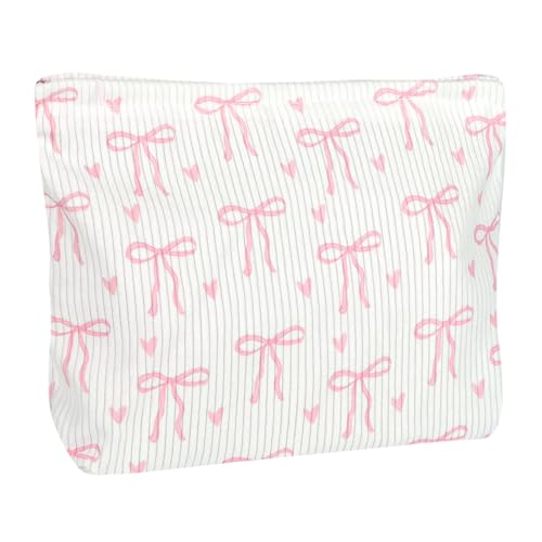 Ksriylm Niedliche Cord Kosmetiktasche, Tragbare Reißverschluss Makeup Bag mit großer Kapazität, Damen Cosmetic Bag für Handtasche zum Aufbewahren von Kosmetik,Rosé Liebe Bogen von Ksriylm
