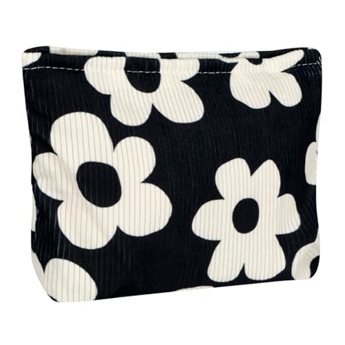 Ksriylm Niedliche Cord Kosmetiktasche, Tragbare Reißverschluss Makeup Bag mit großer Kapazität, Damen Cosmetic Bag für Handtasche zum Aufbewahren von Kosmetik,Weiße Blüten Schwarz von Ksriylm