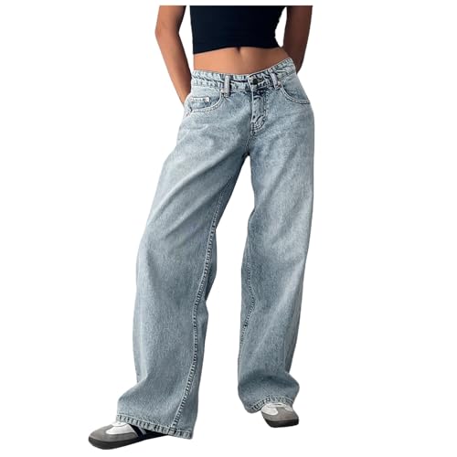 2025 Baggy Jeans Damen - High Waist Jeanshose Weites Bein Straight Leg Jeanshosen Lockere Bequeme Denimhose Einfarbig Leichte Y2K Boyfriend Stretch Jeans Streetwear Warm Freizeithose mit Taschen von Kswlwccpp