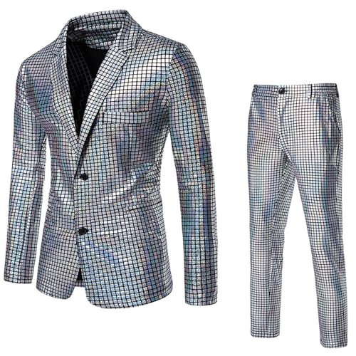 Anzug Herren 2 Teilig Disco Sets Glitzer Jacke und Hose Metallic Glänzende Pailletten Anzüge für Discokugel Party Karneval Kustüm Hochzeit 70er 80er Jahre Outfit Mottoparty Elegant Herrenanzüge von Kswlwccpp