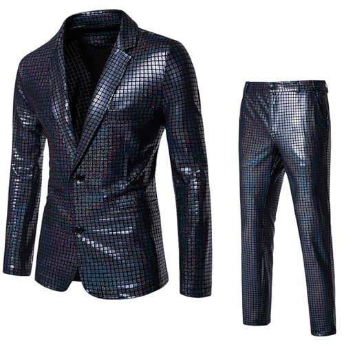 Anzug Herren 2 Teilig Disco Sets Glitzer Jacke und Hose Metallic Glänzende Pailletten Anzüge für Discokugel Party Karneval Kustüm Hochzeit 70er 80er Jahre Outfit Mottoparty Elegant Herrenanzüge von Kswlwccpp