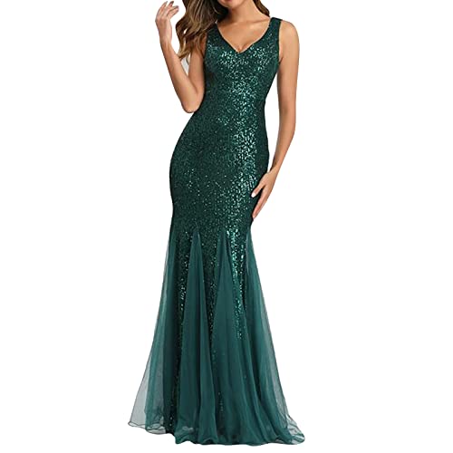 Damen Kleider Elegant, Elegant A-Linien V-Ausschnitt Glitzerkleid Glitzer Kleid Festlich Langarm mit Ärmel Partykleid Paillettenkleid Sexy Curvy Lang Maxi Abendkleider Pailletten Kleid von Kswlwccpp