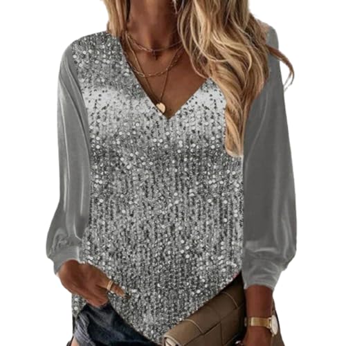 Festliche Blusen Damen, Weiß Elegant Sexy Silvester Outfit Pailletten Oberteil Modern Casual mit Glitzer Glitzer Shirt Glitzer Oberteile Herbst Winter Große Größen Langarm Tunika Festliche Blusen von Kswlwccpp