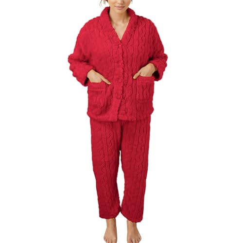 Kswlwccpp Fleece Schlafanzug Damen, Kurzgröße Baumwolle Warm Schlafanzug Winter Pyjama Lang Sexy Flauschig Plüsch Pyjama Set Fleece Pyjama 2 Teilig Kuschelig Lustig Winter Kuschelanzug Hausanzug von Kswlwccpp