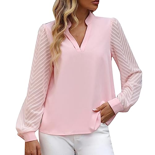 Kswlwccpp Chiffon Bluse Damen Tailliert Stretch Langarm V-Ausschnitt Hemdbluse Festliche Oberteile Casual Bügelfrei Elegant Damen Blusen Longbluse Modern Große Größen Weiße Bluse Trachtenbluse von Kswlwccpp