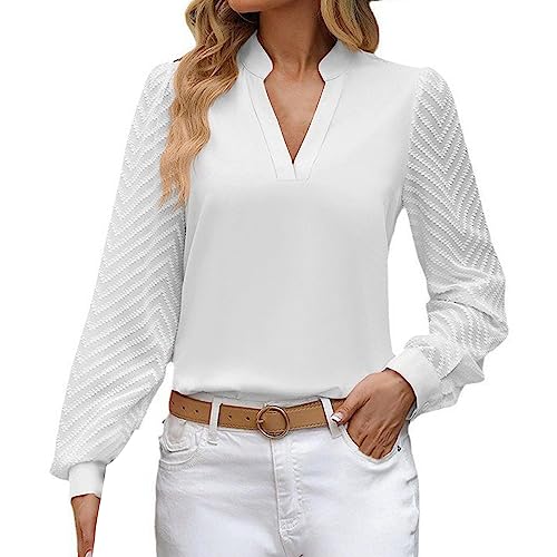 Kswlwccpp Chiffon Bluse Damen Tailliert Stretch Langarm V-Ausschnitt Hemdbluse Festliche Oberteile Casual Bügelfrei Elegant Damen Blusen Longbluse Modern Große Größen Weiße Bluse Trachtenbluse von Kswlwccpp