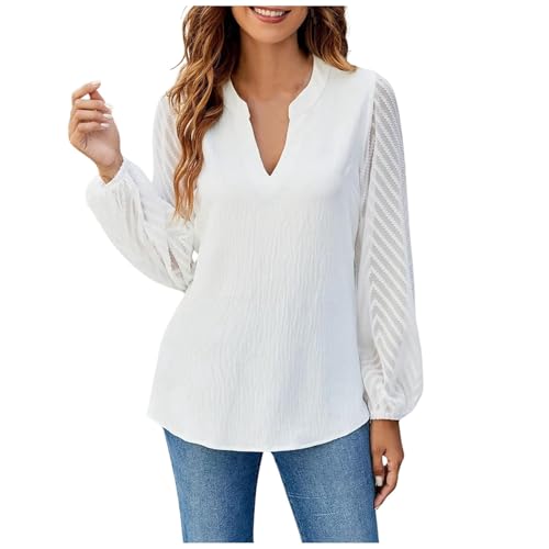 Kswlwccpp Chiffon Bluse Damen Tailliert Stretch Langarm V-Ausschnitt Hemdbluse Festliche Oberteile Casual Bügelfrei Elegant Damen Blusen Longbluse Modern Große Größen Weiße Bluse Trachtenbluse von Kswlwccpp