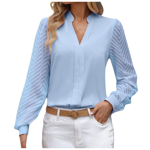Kswlwccpp Chiffon Bluse Damen Tailliert Stretch Langarm V-Ausschnitt Hemdbluse Festliche Oberteile Casual Bügelfrei Elegant Damen Blusen Longbluse Modern Große Größen Weiße Bluse Trachtenbluse von Kswlwccpp