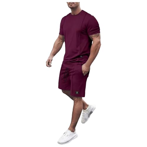 Kswlwccpp Festival Outfit Herren Shorts und Tshirt Set Baggy Weinrot Sommer Sport Set Sommer Set Basic Original Casual Komplett Trainingsanzug Sommer Outfit Baumwolle 2 Teiler Tracksuit Sportanzug von Kswlwccpp