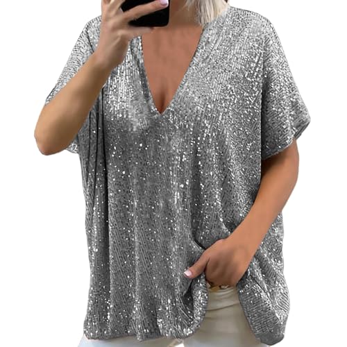 Kswlwccpp Glitzer Oberteile Damen Party, Casual Silber Modern Tunika Festliche Blusen Große Größen mit Glitzer Herbst V-Ausschnitt Shirt Pailletten Oberteil Langarm Winter Sexy Elegant Damen Bluse von Kswlwccpp