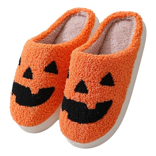Kswlwccpp Halloween Hausschuhe Damen Herren Plüsch Pantoffeln Herbst Winter Flauschige Hauspantoffeln Kürbis Warm Rutschfeste Slippers Unisex von Kswlwccpp