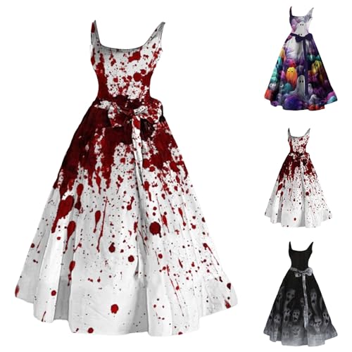Kswlwccpp Halloween Kostüm Damen Gruselig Blutige Zombie Braut Kostüm Horror Elegant Brautkleid Ärmellos Aufdruck Halloween Kleid fur Damen von Kswlwccpp