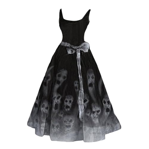 Kswlwccpp Halloween Kostüm Damen Gruselig Blutige Zombie Braut Kostüm Horror Elegant Brautkleid Ärmellos Aufdruck Halloween Kleid fur Damen von Kswlwccpp