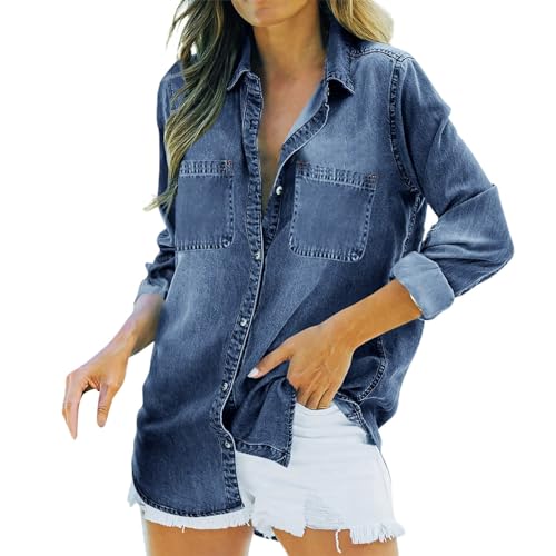 Kswlwccpp Hemdbluse Damen Elegant Lang Casual Button Down Jeansjacke Hemdbluse Modern mit Brusttaschen mit Löchern Oversize Jeanshemd Damen Bluse Western Langarm Jeansbluse Denim Hemd von Kswlwccpp