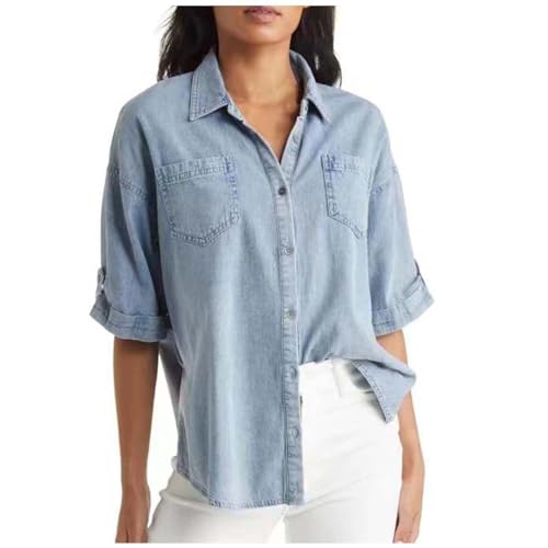 Kswlwccpp Jeans Hemd Damen, Kurzarm Hellblau Lang Jeansbluse Jeanshemd Frühling Denim Button Down Damenblusen Hemdbluse Oversize Mit Brusttaschen Tailliert Schluppenbluse Jeans Bluse von Kswlwccpp