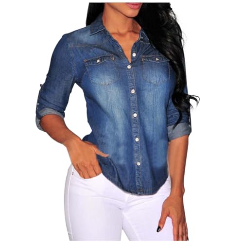 Kswlwccpp Jeanshemd Damen Lang: Denim Frühling Jeansbluse Jeans Bluse Tailliert Mit Brusttaschen Oversize Jeanshemd Damenblusen Langarm Hellblau Button Down Jeansjacke Hemdbluse von Kswlwccpp