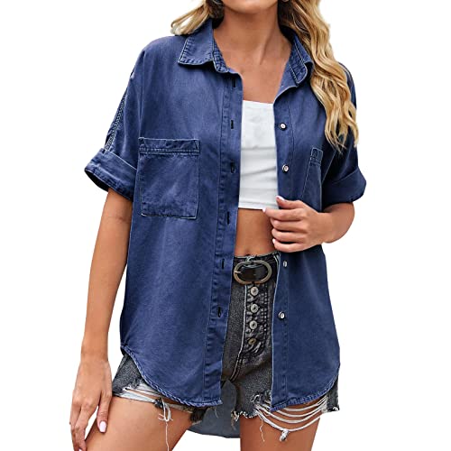 Kswlwccpp Jeanshemd Damen: Button Down mit Brusttaschen Western Elegant Damenblusen Damen Bluse Modern Kurzarm Lang Frühling Hemdbluse Jeansbluse Oversize Casual Denim Hemd Jeanshemd von Kswlwccpp