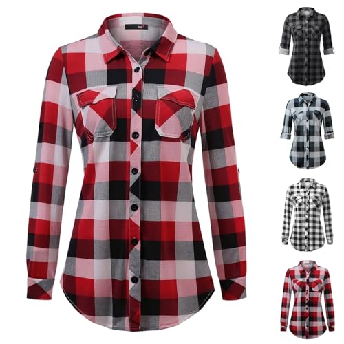 Kswlwccpp Kariertes Hemd Damen Cowgirl Lang Hemdbluse Langarm Leichtes Holzfällerhemd Rot Western Hemd Große Größen Karohemd Longbluse fur Damen von Kswlwccpp
