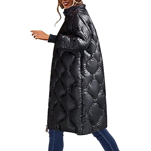 Kswlwccpp Langer Mantel Damen, Gesteppt Leicht Atmungsaktiv Wintermantel Daunenmantel Winter Beige Elegant Langer Mantel Winterjacke Lang Glänzend Gefüttert Warm Puffer Mantel Steppmantel von Kswlwccpp