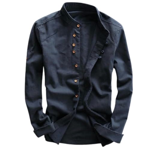 Kswlwccpp Leinenhemd Herren Japanisches Stil Hemd für Männer Einfarbig Herren Lässige Atmungsaktive Klassische Tops Stehkragen Slim Fit Leinen Baumwolle Hemd Freizeithemden von Kswlwccpp