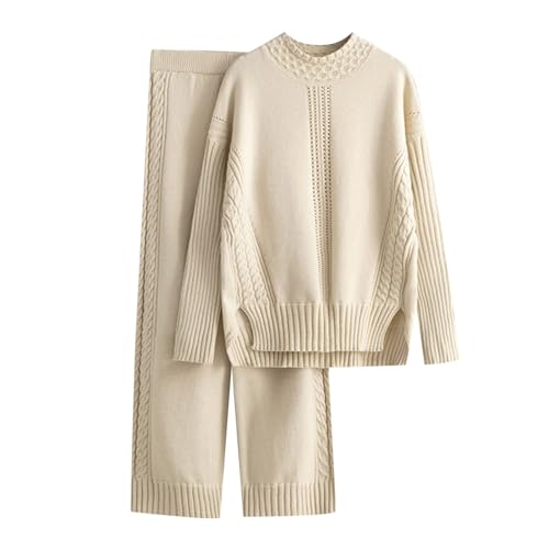 Kswlwccpp Loungewear Damen Set, Winter Strick Langarm Kuschelig Hausanzug Strickanzug Weites Bein Zweiteiler Herbst Warm Lounge Set Strickset Elegant Outdoor Homewear Jogginganzug von Kswlwccpp