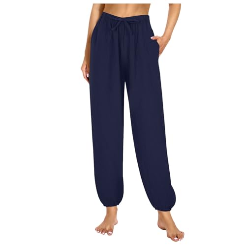 Kswlwccpp Musselin Hose Damen Lang Grün Leicht Sommerhose Elegant High Waist Stretch Stoffhose Baumwolle Dünn Freizeithose Mit Tunnelzug Und Taschen Schlafhosen Sommer Strandhose Leinenhose von Kswlwccpp