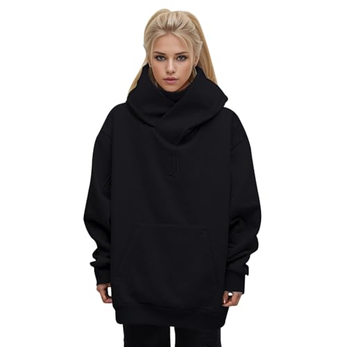 Kswlwccpp Ninja Hoodie Frau, Harajuku Pullover mit Kapuze Kapuzenpullover Hip Hop Schwarz Rollkragenpullover Vintage Double Neckline Hoodie Oversized Fleece Sweatshirts Streetwear von Kswlwccpp