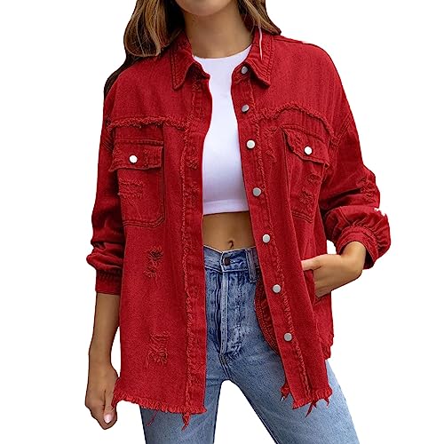 Kswlwccpp Pinke Jacke Damen, Oversize Boyfriend Ripped Elegant Übergangsjacke Damen-Jacken Günstig Lang Stretch Frühling Jeans Jacken Denim Jacket Tailliert Vintage Jeansjacke Jeansmantel von Kswlwccpp