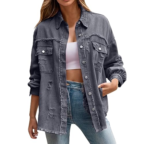 Kswlwccpp Pinke Jacke Damen, Oversize Boyfriend Ripped Elegant Übergangsjacke Damen-Jacken Günstig Lang Stretch Frühling Jeans Jacken Denim Jacket Tailliert Vintage Jeansjacke Jeansmantel von Kswlwccpp