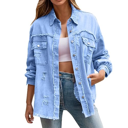 Kswlwccpp Pinke Jacke Damen, Oversize Boyfriend Ripped Elegant Übergangsjacke Damen-Jacken Günstig Lang Stretch Frühling Jeans Jacken Denim Jacket Tailliert Vintage Jeansjacke Jeansmantel von Kswlwccpp