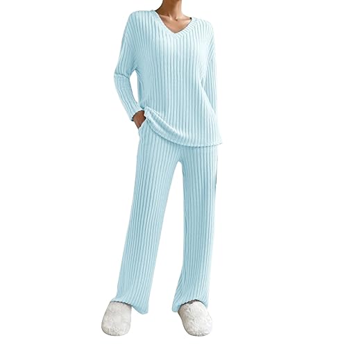 Kswlwccpp Strick Set Damen Warm Kuschelig Zweiteiler Winter Lounge Set Strickset Weites Bein Elegant Langarm Outdoor Jogginganzug Strick Set Strick Herbst Strickanzug Hausanzug von Kswlwccpp