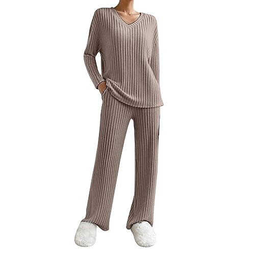 Kswlwccpp Strick Set Damen Warm Kuschelig Zweiteiler Winter Lounge Set Strickset Weites Bein Elegant Langarm Outdoor Jogginganzug Strick Set Strick Herbst Strickanzug Hausanzug von Kswlwccpp