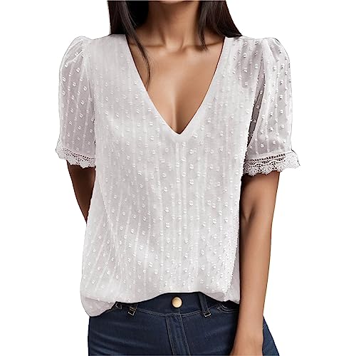 Kswlwccpp Weiße Bluse Damen: Bügelfrei Casual V-Ausschnitt Kurzarm Hemdbluse Spitzen Blusen Lang Elegant Tailliert Damen Blusen Longbluse Große Größen Modern Festliche Oberteile von Kswlwccpp