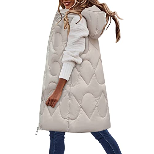 Kswlwccpp Weste Damen mit Kapuze Warm Glänzend Daunenweste Longweste Herbst Dünn Winter Lange Weste Steppweste Ärmellos Beige Leicht Große Größen Damenweste Damen-Westen von Kswlwccpp