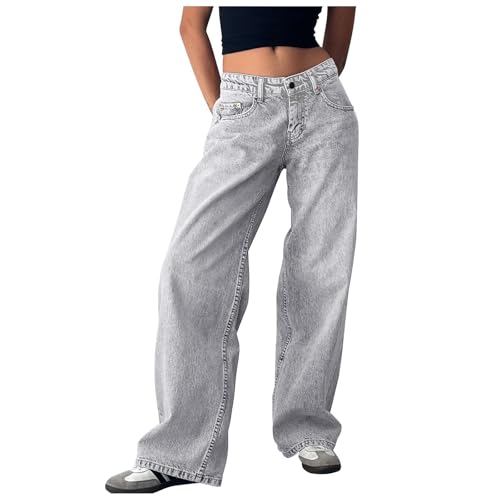 Kswlwccpp Wide Leg Jeans Damen, Weites Bein Stretch Bequeme Hose Damenhose Y2k Grau Denim Hosen Jeanshose Vintage High Waist Mit Gummizug Bund Baggy Jeans Freizeithose von Kswlwccpp