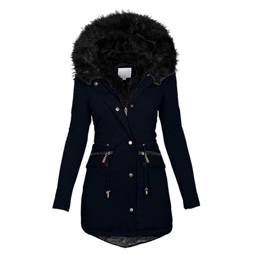 Kswlwccpp Winterjacke Damen Mit Fellkapuze, Wintermantel Damen Lang Fleece Warm Parka Gefüttert Winterparka Winter Fleecemantel Schwarz Winddicht Winterjacken für Damen von Kswlwccpp