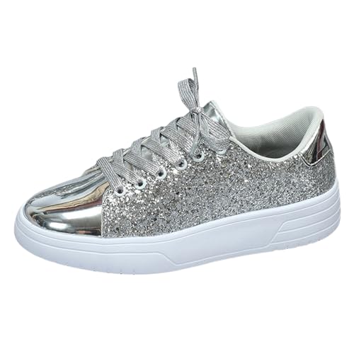 Pailettenschuhe Für Damen, Elegant mit Schnürung Outdoor Silber Laufschuhe Pailletten Schuhe Running Blau Freizeit Atmungsaktiv Glitzer Sneaker Turnschuhe 40 Flach Sportschuhe Glitzer Schuhe von Kswlwccpp