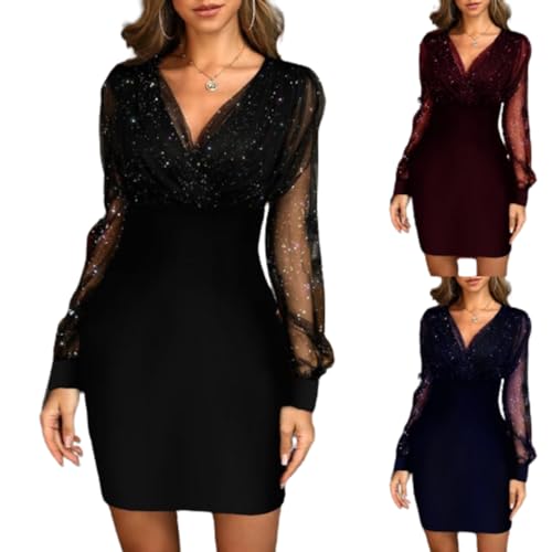 Pailletten Kleid Damen:V-Ausschnitt Langarm Paillettenkleid Glitzer Kleid Spitzen Kleider Elegante Knielang Abendkleid Damen Figurbetontes Lange Ärmel Partykleid Moden Hohe Taille Wickelkleider von Kswlwccpp