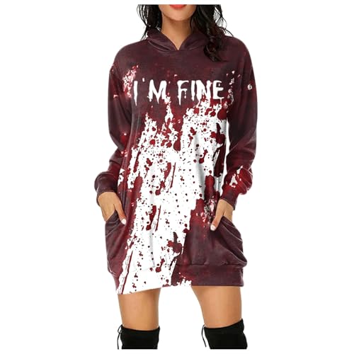 Problem Gelöst Halloween Hoodie Damen Kapuzenpullover mit Blutig Bedruckt Blood Langarm Tshirt Kleid mit Kapuze Kapuzenpulli Blut Verletzung Horror Pullover mit Taschen Blutspritzer Muster Oberteil von Kswlwccpp
