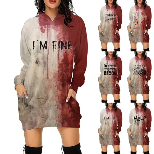 Problem Gelöst Halloween Hoodie Damen Kapuzenpullover mit Blutig Bedruckt Blood Langarm Tshirt Kleid mit Kapuze Kapuzenpulli Blut Verletzung Horror Pullover mit Taschen Blutspritzer Muster Oberteil von Kswlwccpp