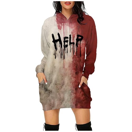 Problem Gelöst Halloween Hoodie Damen Kapuzenpullover mit Blutig Bedruckt Blood Langarm Tshirt Kleid mit Kapuze Kapuzenpulli Blut Verletzung Horror Pullover mit Taschen Blutspritzer Muster Oberteil von Kswlwccpp