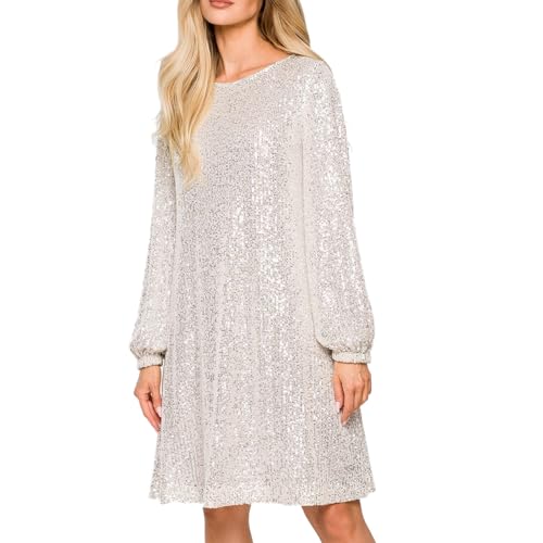 Silvester Kleid Damen Curvy A-Linien Langarm Pailletten Kleid Glitzerkleid Midi Große Größen Elegant Partykleid Damen Kleider Spitzen Knielang Festlich Sexy Glitzer Kleid Paillettenkleid von Kswlwccpp