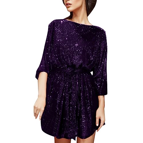 Silvester Kleid Damen mit Schnürung Kurz A-Linien Glitzer Kleid Paillettenkleid Sexy Curvy Festlich Glitzerkleid Festliche Kleider Elegant Schwarz Mini Langarm Pailletten Kleid Partykleid von Kswlwccpp