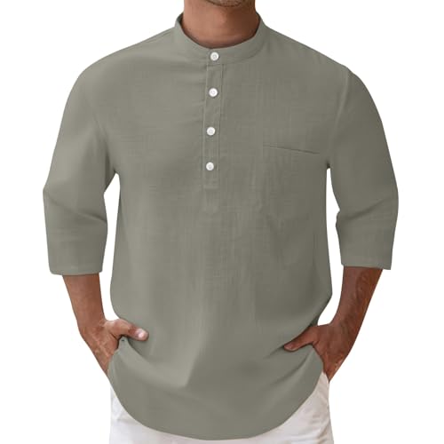 Sommer Hemd Herren, Leinenhemd Herren Sommer Linen Shirt 3/4 Arm Regular Fit Freizeithemd Baumwolle Sommerhemd mit Button-Down von Kswlwccpp