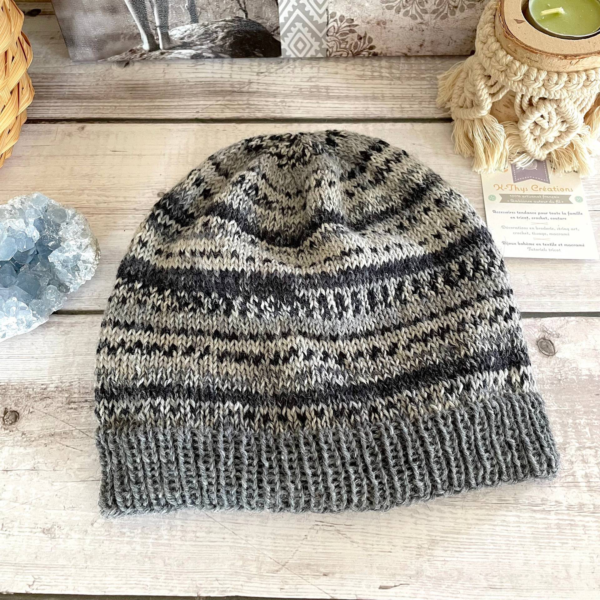 Anton Mütze Aus Feiner Jacquardwolle, Pepper & Salt Muster, Handgestrickt, Gestreift, Grau Und Schwarz, Geschenkidee Für Männer, Geschenk Ihn von KthysCreations