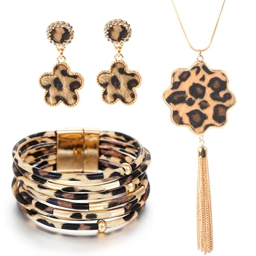 Ktnyl 4 Set Schmuckset, Ohrringe Leopardenmuster, Leopard Leder Armband Dangle Ohrring Halskette, Boho Leopard Mehrschichtige Kristallperlen Manschette, Geeignet für Mädchen und Damen von Ktnyl
