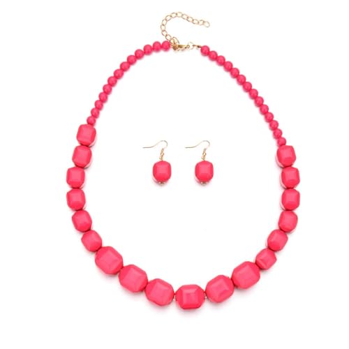 Ktrezs Frauen Boho Chunky Acryl Link Kette Ohrringe Set Mode Aussage Handgemachte kubanische Kette Halsband Schmuck Halskette Kleider Pullover Accessoires Rose Red von Ktrezs