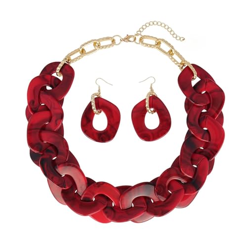 Ktrezs Handgefertigte Mode -Acrylharz -Halskette Ohrringe Set Hip Hop Sweater Dekoration Chunky Choker Statement Halskette Schmuck für Frauen red von Ktrezs