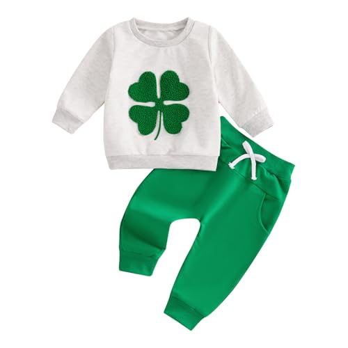 KtwHarnu Kleinkind Baby Jungen Mädchen St. Patrick's Day Outfit Kleeblatt Stickerei Langarm Rundhals Sweatshirt Oberteil und Hose Set, Grau, 12-18 Monate von KtwHarnu